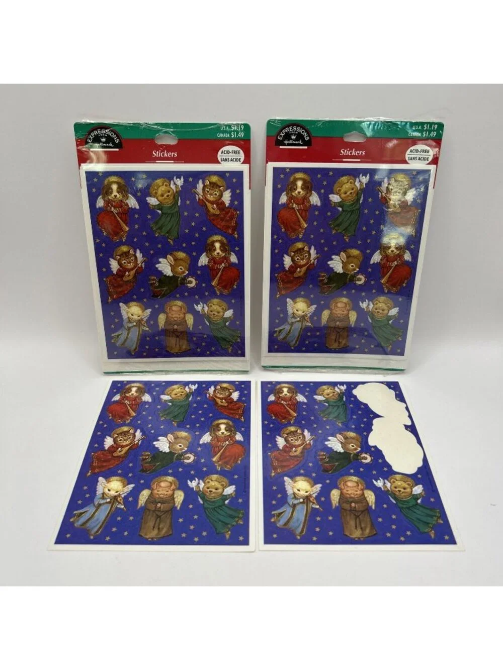 Vintage Set of 9 Sheets Hallmark Adorable Animal Angels Minstrels Stickers NIP
